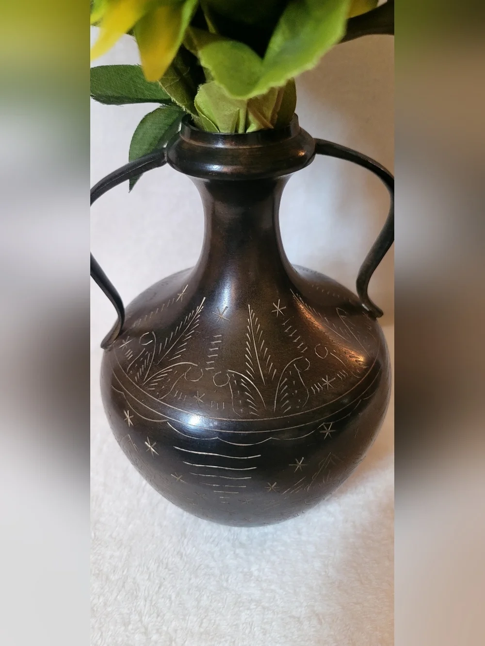Vintage Solid Brass Amphora Vase Black Finish & Etched Designs